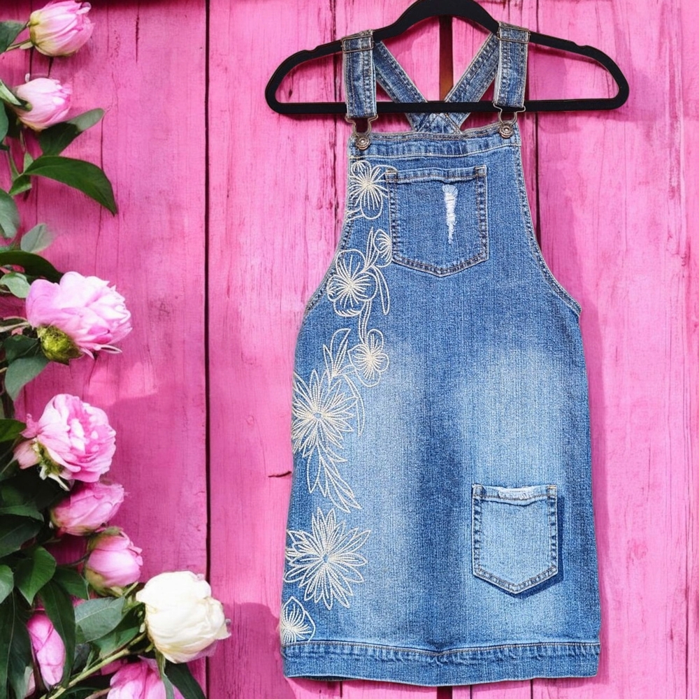 Denim Overall Dress with Floral Embroidery